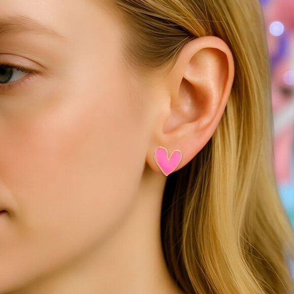 🆕Pink Enamel Heart Stud Earrings Gold Tone Hypoallergenic Gift for Girls & Teen - Picture 11 of 11